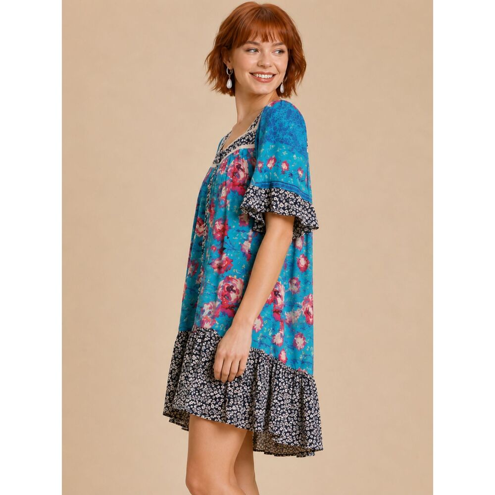 New UMGEE S 6 8 Mixed Floral Print Square Neck Ruffle Sleeve Button Front Dress